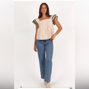 Petal & Pup Cream Flutter Sleeve Square Neck Blouse with Black Trim NWT
